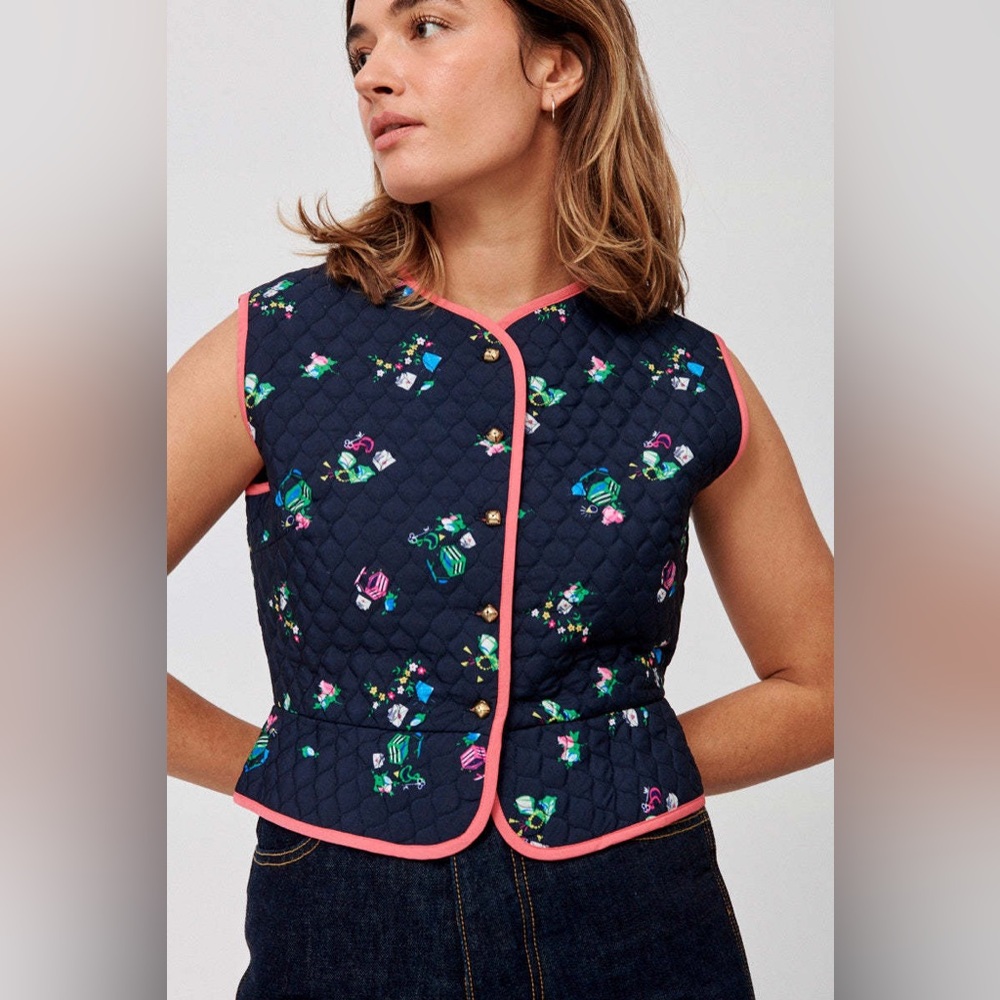 Batsheva Navy Floral Quilt Jingle Buttons Belle Vest Womens SZ 6 Cottagecore